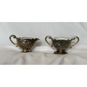 Vintage‎ Silver Plated Sugar And Creamer Set With Inner Ceramic Coating Decor